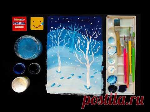 Как нарисовать  зимний лес/ Рисуем дома поэтапно,  уроки рисования