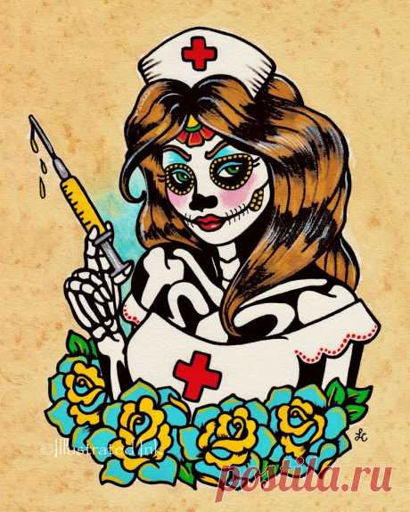 Día de muertos ENFERMERA Old School Tattoo Art Print 5 x 7 8 - Etsy Chile