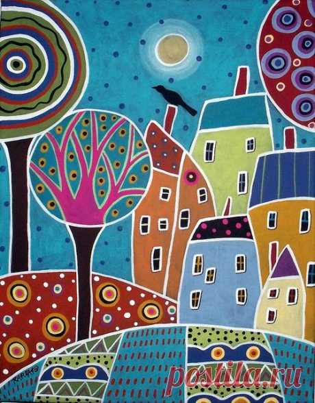 (1) Village Houses- Original abstract folk art acrylic &amp; oil painting on stretched canvas | Yolanda wall pic ideas