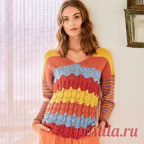 Пуловер в цветную полоску - схема вязания спицами с описанием на Verena.ru