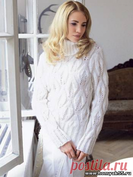 Белый пуловер с узором из листьев | «Хомяк55.ру» сайт о вязании спицами и крючком