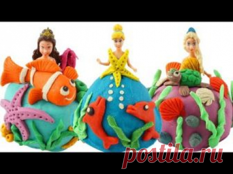How To Make Play Doh Super Sparkle Disney Princess Ocean Dresses  For Frozen Elsa & Aurora, Belle