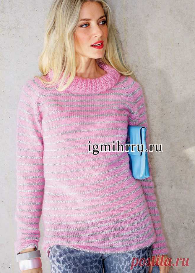 Мохеровый розовый свитер с тонкими серебристыми полосками. Вязание спицами