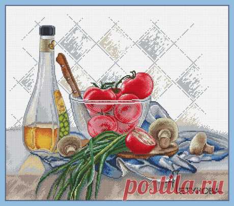 Натюрморт с помидорами. По картине Марии Мишкаревой. 240х201 кр, 40 цветов + 4 бленда, крест, полукрест, счетный бэк. 500 руб.