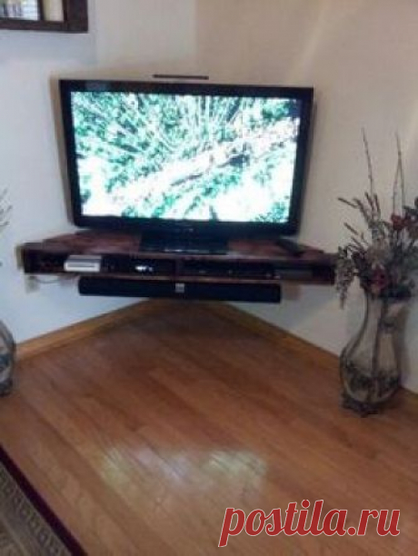 DIY Corner Tv Shelf in White, for a built in look, will also place another shelf above it for decorative objects (vases/pictures)