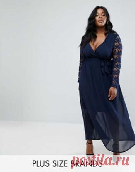 Club L Plus Plunge Wrap Maxi Dress With Lace Sleeve at asos.com Discover Fashion Online