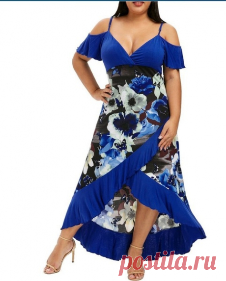 Plus Size Women Summer Sexy V Neck Cold Shoulder Elegant Dress High Low Flower Print Flounce Maxi Dress Party Dress L-5XL | Wish