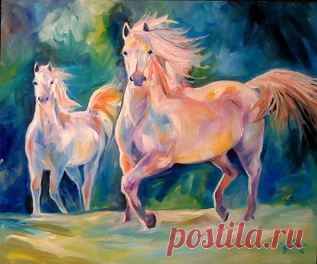 Two White Horses An Original Oil painting by M Baldwin. c2006 From my Western Art Series for 2006. Two white Arabian Horses with reflecting light along their bodies. Gallery Value $2899.
