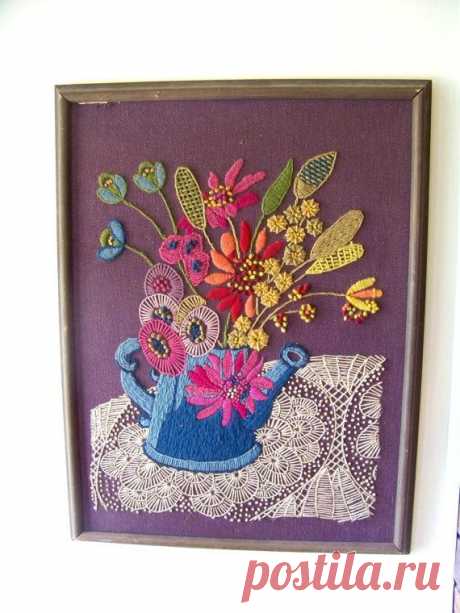 Large Vintage Crewel Embroidery Watering Can with Flowers on Plum Background