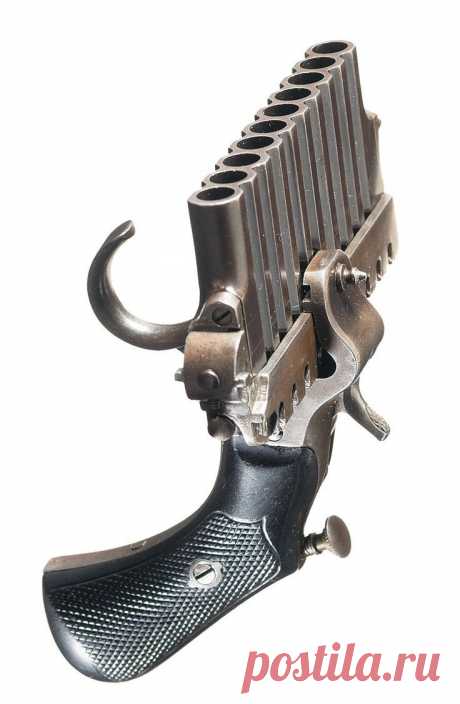 Developed in Paris and patented in the U.S. in 1862, Alphone Jarre's &quot;breech-bar&quot; system used a horizontal arrangement of pinfire chambers to supply repeating fire, which could be put to use on pistols, rifles, and even cannons. In operation, the bar is pre-loaded with 10 pinfire cartridges, all secured in place with a spring-retained bar, and is then advanced from chamber to chamber left to right by a push arm connected to the double action trigger.