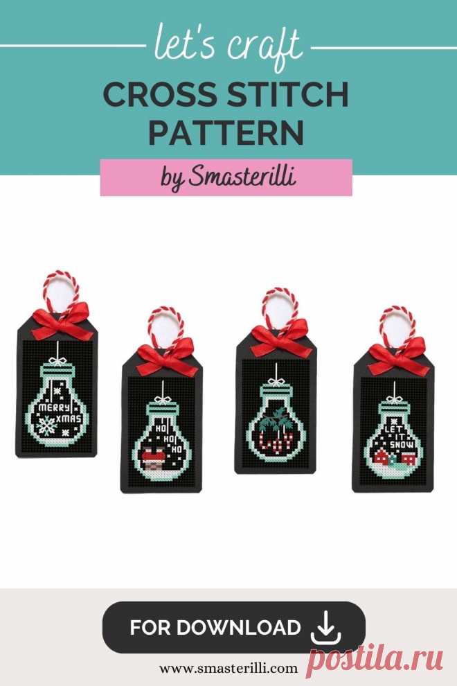 Christmas gift tags with snowflakes and bulbs. Easy cross stitch ornament for beginners buy Smasterilli. Digital cross stitch pattern for instant download. easy cross stitch for beginners. Christmas handmade crafts