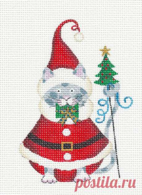Cat-Santa with Present Handpainted Needlepoint Canvas Ornament by Danji Designs Offered for sale is an elegant design: an Adorable Santa Kitty Cat with Present &amp; Tree needlepoint canvas Ornament, hand painted by Danji Designs. Design is done in a beautiful shades . This lovely Design is hand painted on, 18 mesh canvas and has a wonderful degree of detail. The painted canvas is approximately 5"