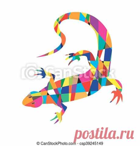 Bright colorful picture with the mosaic lizard isolated on white background.