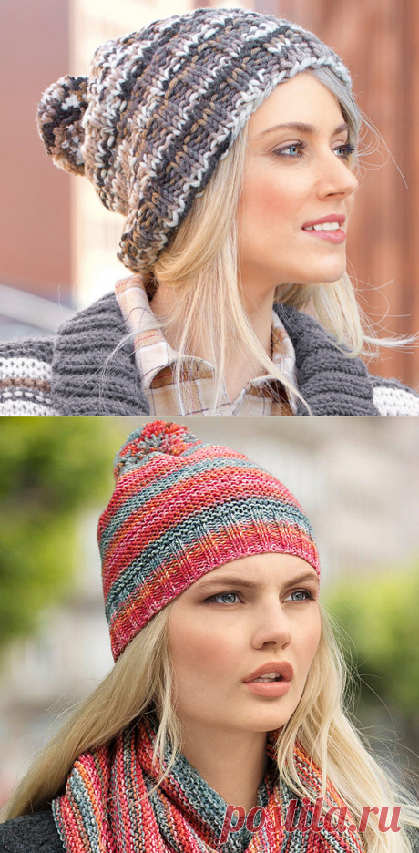 Вяжем спицами шапки с помпонами из меланжевой пряжи для женщин – 3 модели схем с описанием