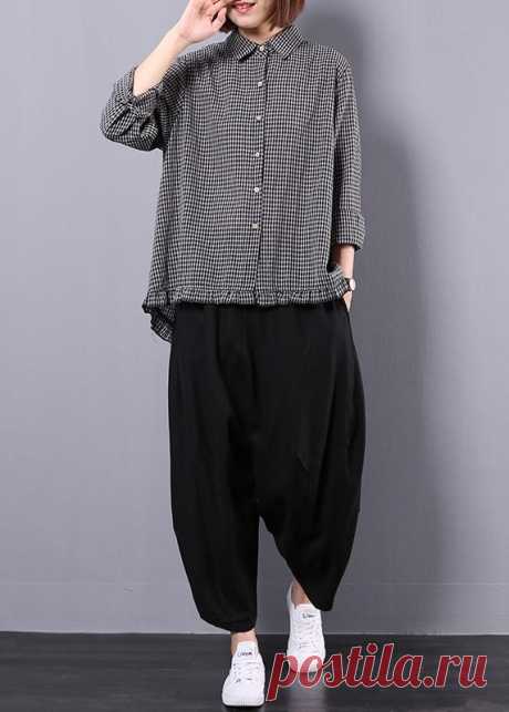 Black plaid shirt suit female long sleeve 2019 spring and autumn loose casual harem pants two-piece suit Black plaid shirt suit female long sleeve 2019 spring and autumn loose casual harem pants two-piece suitThis dress is made of cotton or linen fabric, soft and breathy. Flattering cut. Makes you look slimmer and matches easily. Materials used: cotton linenMeasurement:measurement for the top:One size fits all for this it