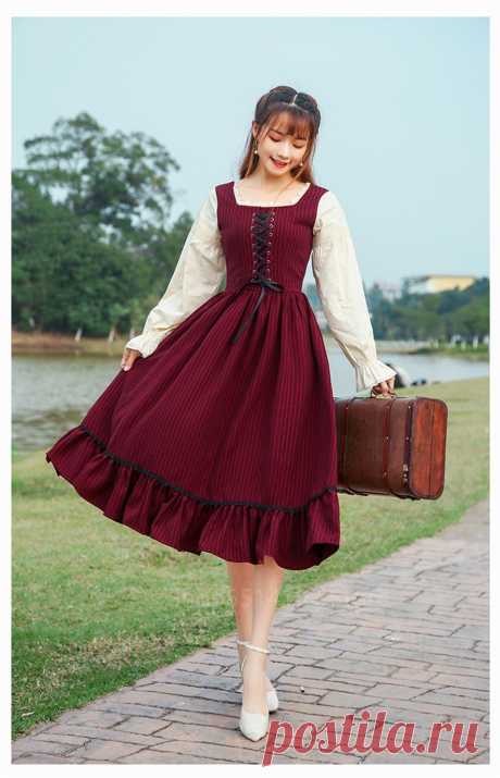 This contains an image of: 37.33US $ 33% OFF|2022 Vintage Women French Style Dresses Medieval Palace Princess Elegant Vestido Retro Victorian Long Sleeve Bandage Party Wear - Cosplay Costumes - AliExpress