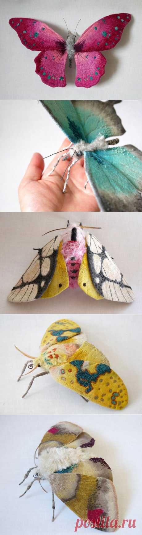 Реалистичные скульптуры в виде текстильных мотыльков и бабочек