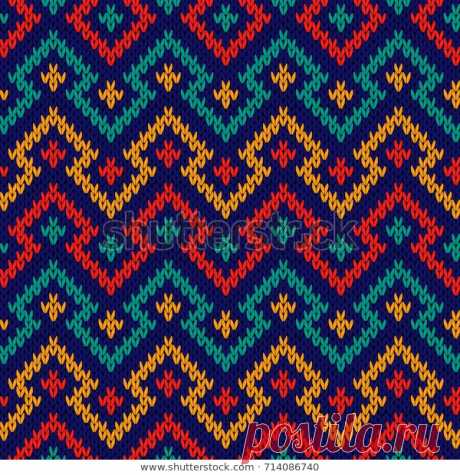 Стоковая иллюстрация «Knitting Seamless Geometric Pattern Red Blue», 714086740
