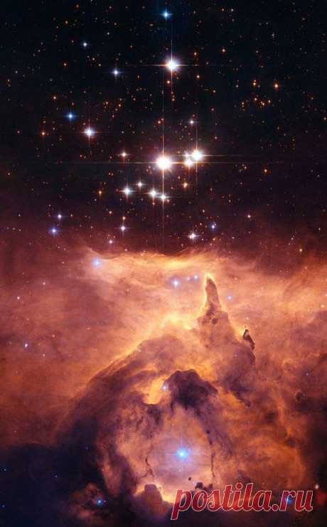 Cathedral to Massive Stars - The Hubble Space Telescope took this spellbinding image of Pismis 24 (shown center above), one of the most massive and luminous star clusters known, glimmering above the NGC 6357 nebula that is approximately 8150 light-years away. According to NASA's estimates, the brightest star of Pismis 24 cluster is over 200 times the mass of our Sun.