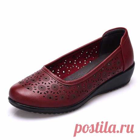 Hot-sale Hollow Out Leather Slip On Pure Color Flat Shoes For Women - NewChic