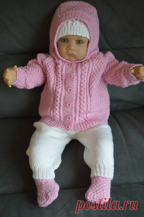 Baby Girl Hooded Sweater, Long Pants, Hat and Socks outfit 3-6 Months in Dusky Pink and White Ready to Ship Now A beautiful baby girls hooded sweater, long pants, hat and socks outfit in dusky pink and white to fit a 3-6 month baby girl.  The sweater is patterned throughout.It fastens down the front with 6 pink buttons. The attached hood snuggles around the face nicely.  The long pants are shaped at the back to allow for a good fit around the nappy (diaper). They are in wh...