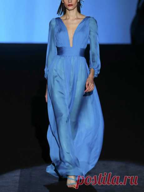 Blue V-neck Faux Silk Puff Sleeve Long Dress - Timetomy.com
