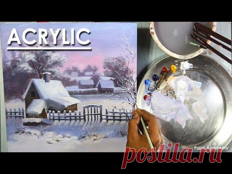 How to Paint Snowy Winter Morning with House &amp; Smoke Coming Out of the Chimney in Acrylic