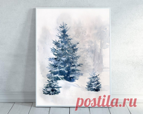 Watercolor Pine Trees Printable Wall Art Winter Forest | Etsy