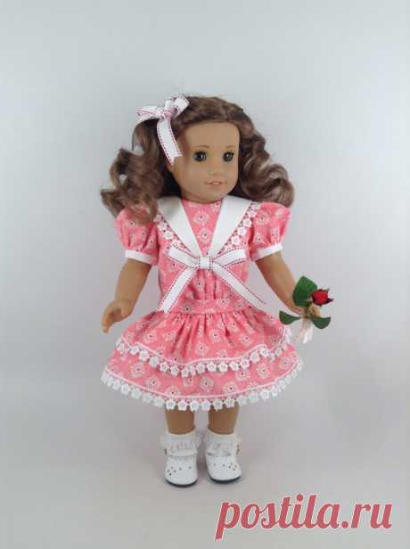 RESERVED FOR T.R. - Edwardian Dress in Pink, White, and Red & Hair Bow for American Girl 18-inch Doll This item is RESERVED.  Handmade dress and hair bow for American Girl and other similar 18-inch dolls. This Edwardian dress...really perfect for all eras...with red-centered white flowers on pink is made of cotton. Features include a white sailor collar edged in embroidered flower trim and accented with a white/red bow, banded puffed sleeves, a fully-lined slightly gathere...