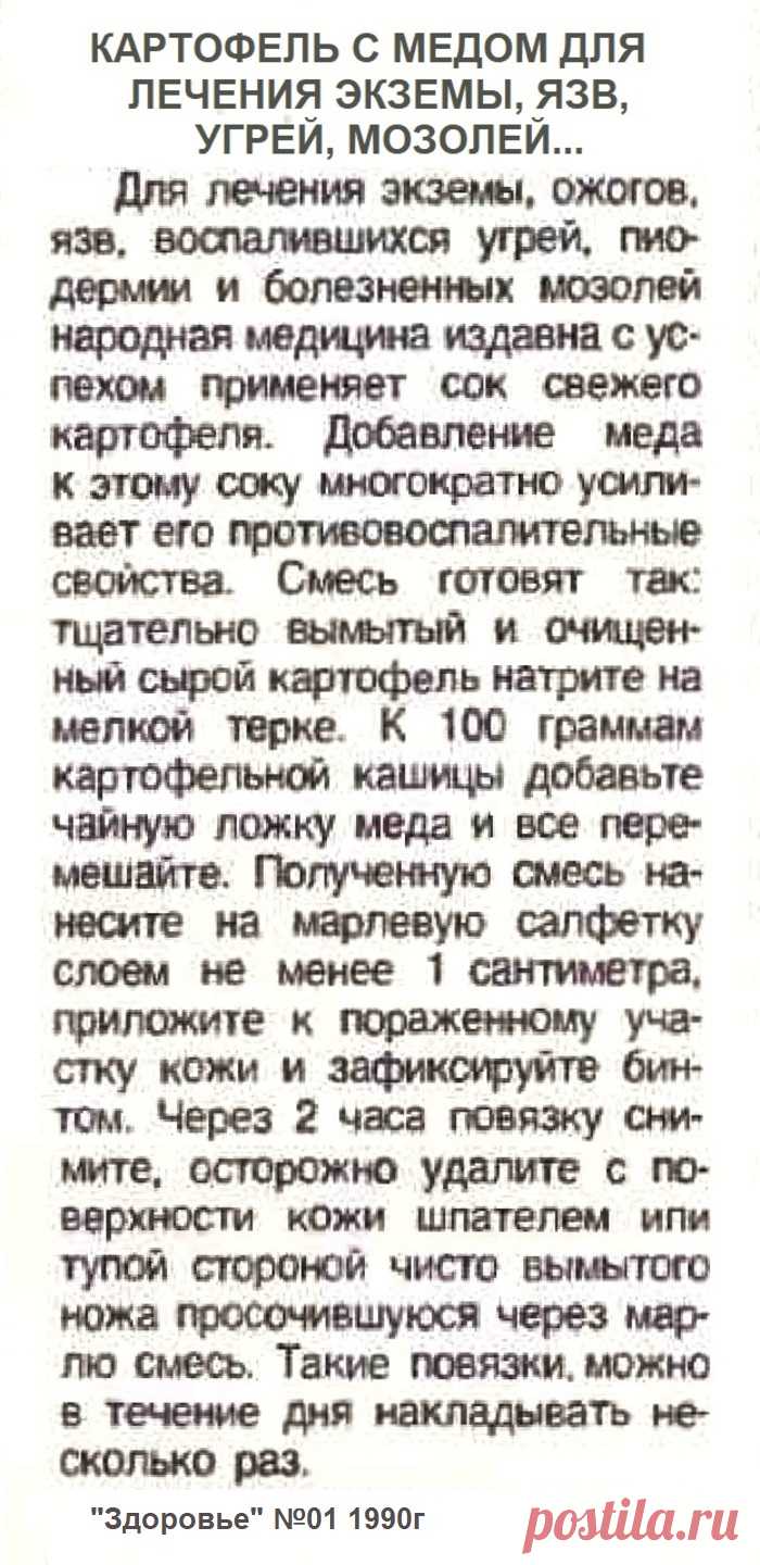 Картофель с медом для лечения экземы, язв, угрей, мозолей...