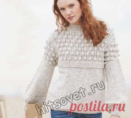 Вязание спицами для женщин модного меланжевого пуловера с шишечками со схемой и  пошаговым описанием.