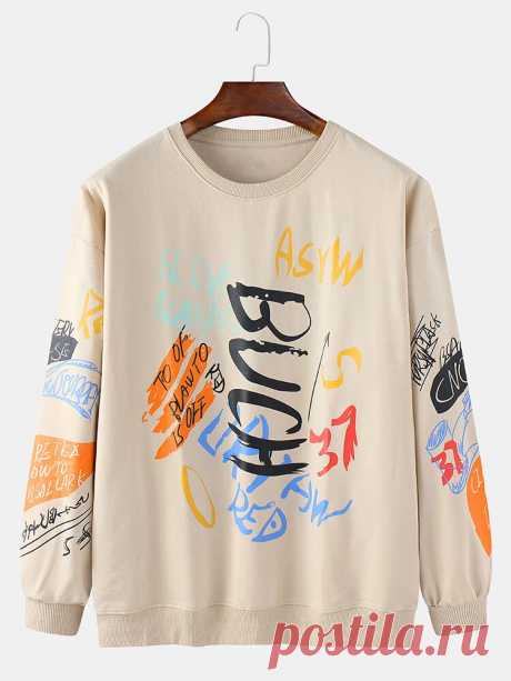 Mens Graffiti Print Long Sleeve Pullover Cotton Casual Sweatshirts - US$27.99