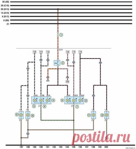 Электросхема задних фонарей, стоп-сигналов, габаритов Чери Амулет Chery Amulet A15