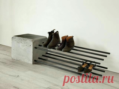 Для прихожей в стиле Loft. 
 
 Кусок бетона и немного арматуры — вот  и стульчик и скамья для хранения обуви. 