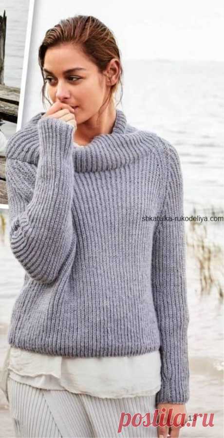 Серый пуловер Серый пуловер спицами. Женский пуловер из полупатентного узора спицами