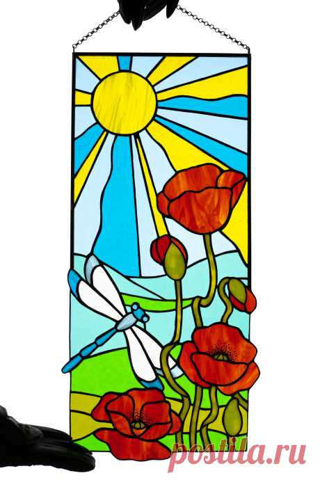 Summer stained glass panel Window hanging suncatcher Glass art Mother' Window hanging panel made of stained glass pieces by my own disign.Handmade using Tiffany copper foil technique.Looks amazing in the lights of a sun.Framed with brass profile.You will get it completely ready for installation. It comes with a suction cup hanging and copper chain.It will be a great gift for friends or re