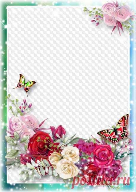 Beautiful flowers and butterflies, photo frame PNG, PSD. Transparent PNG Frame, PSD Layered Photo frame template, Download.