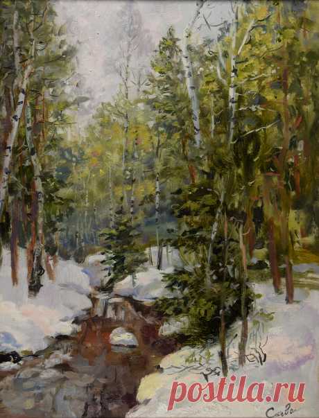 Картина Весна маслом на оргалите лесной пейзаж для интерьера. Онлайн галерея современного художника из Санкт-Петербурга Савенковой Натальи. 🥰