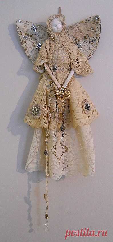 Angel Art Doll, Handmade of Paper Clay, Fabric Body, Vintage Crochet