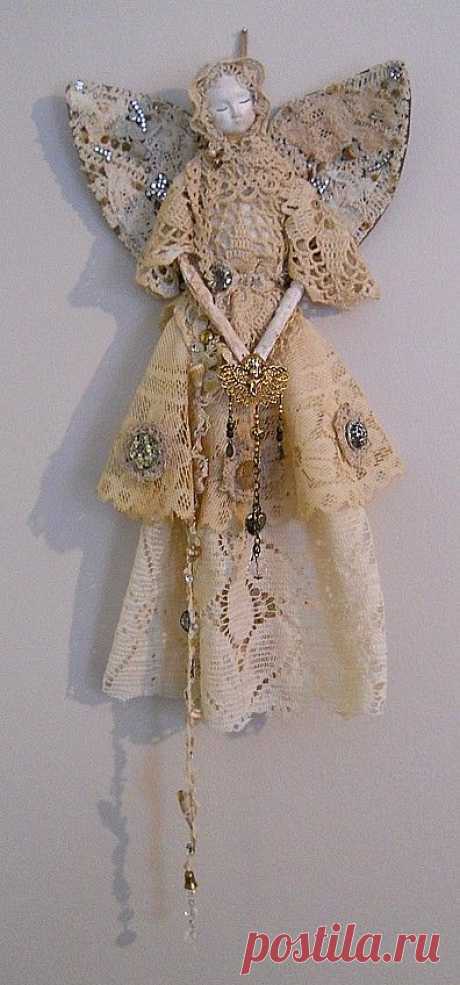 Angel Art Doll, Handmade of Paper Clay, Fabric Body, Vintage Crochet