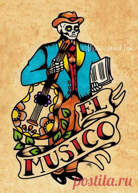 Day of the Dead EL MUSICO Tattoo Art Loteria Print 5 X 7 8 X | Etsy