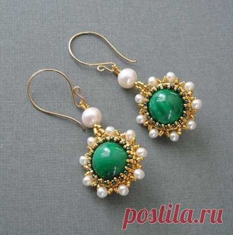 Malachite Freshwater Pearl Gold Seedbeads Earrings. $80.00, via Etsy. | Fashion &amp; nail art