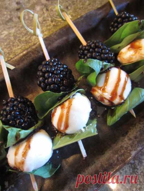 Light and tasty Blackberry Basil Mozz skewers w/ Balsamic Drizzle