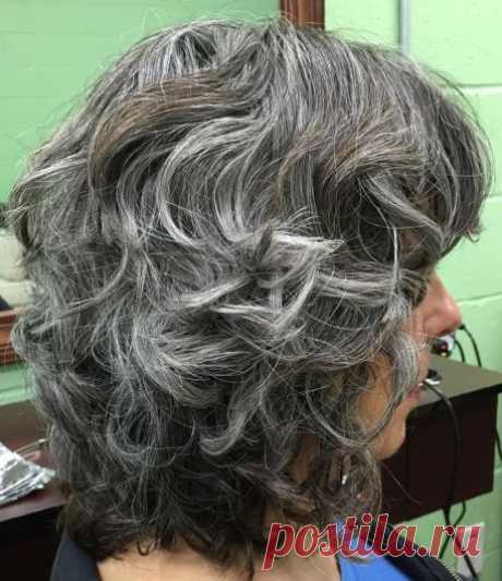 Medium Curly Brown and Gray Balayage Hair