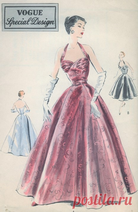 1950s GLAMOROUS Evening Halter Gown Dress Pattern Vogue Special Design 4270 Vintage Sewing Pattern Full 8 Gore Skirt, Figure Flattering Fitted and Gathered Bodice Just Stunning Design Bust 32