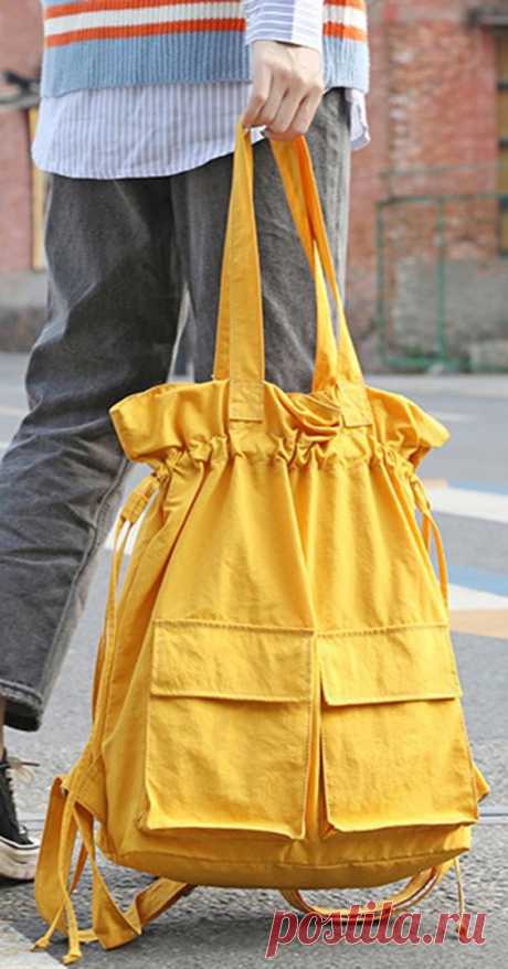 New outfit Design Double Front Pockets Simple Drawstring yellow Backpacks