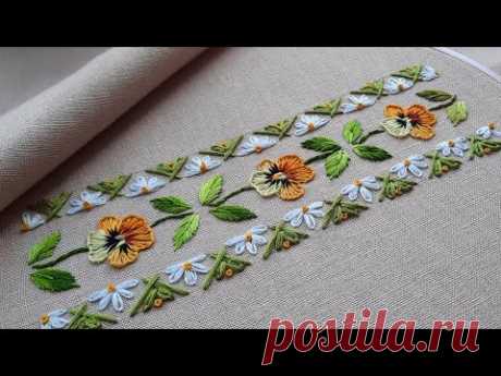 Flower border design Pansies and daisies Floral embroidery