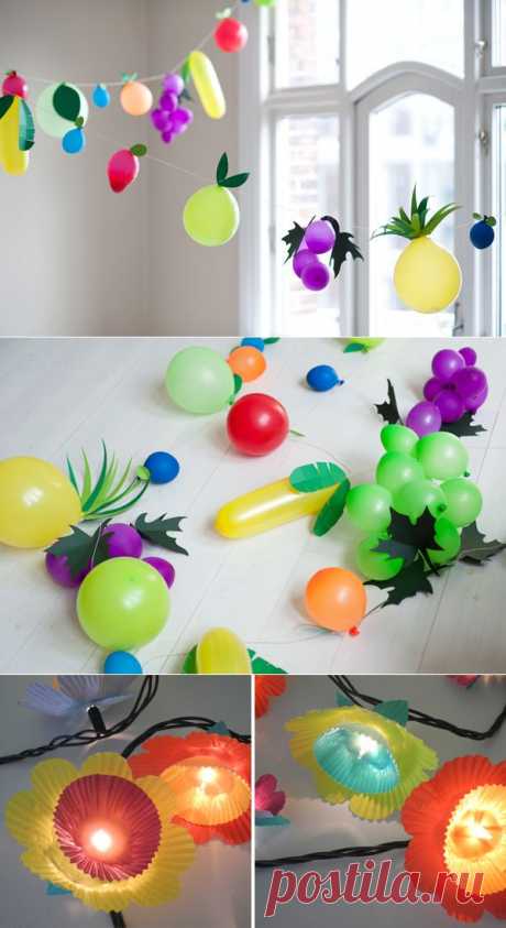Идеи для детского праздника. Фрукты из шариков и светящиеся гирлянды