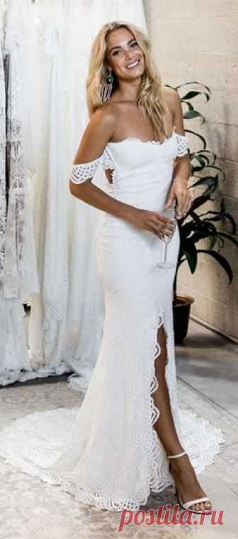 country white mermaid wedding dresses for bride, off the shoulder church wedding dress, cheap lace bridal gowns #wedding