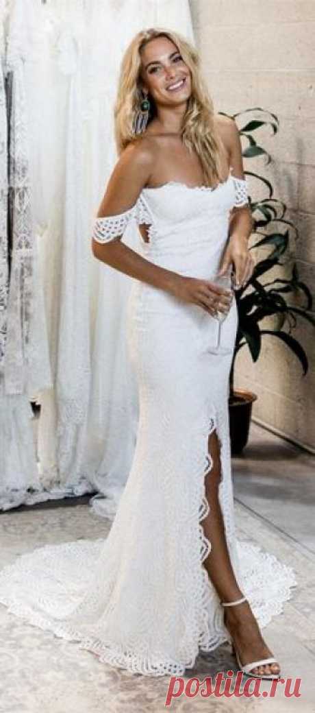 country white mermaid wedding dresses for bride, off the shoulder church wedding dress, cheap lace bridal gowns #wedding